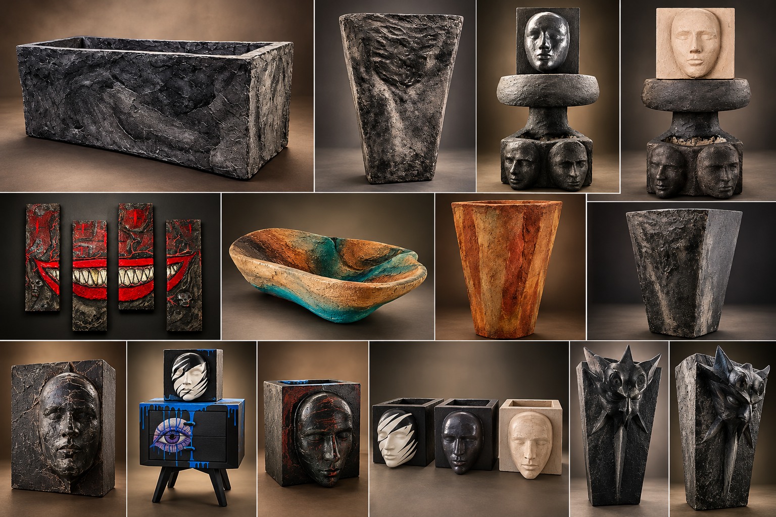 Curated studio presentation of Gilbert's sculptural art collection