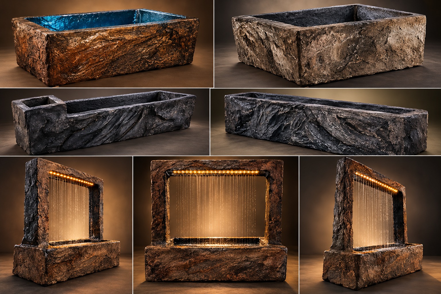 Gallery collage of sculptural basins and illuminated water features
